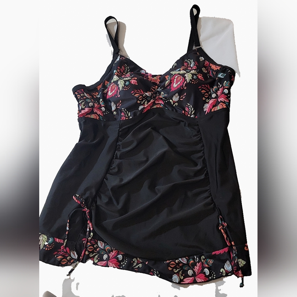 Floral Black Bikini Top Chemise‎ with Pink Accents